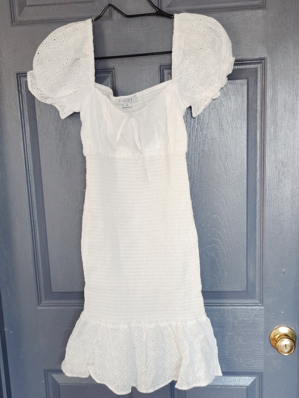 FAVLUX White Eyelet Puff-Sleeve Dress with Ruffle Hem New Without Tag